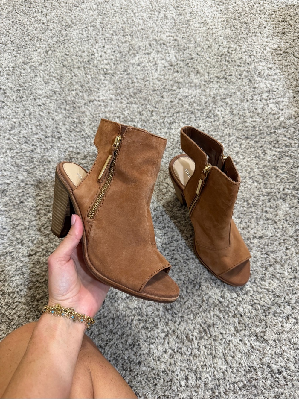 Gianni Bini Women's Tan Suede Open-Toe Block Heel Booties